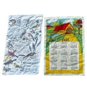 Vintage 1986 kitchen linen, tea towel set of two calendar dish towels, dishcloth